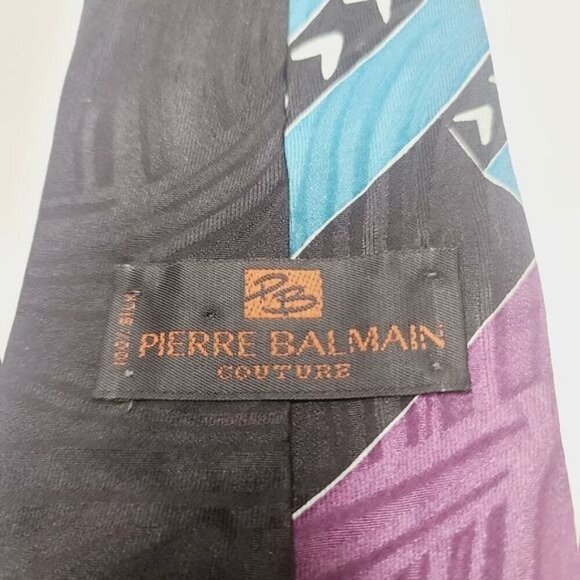 Vintage Pierre Balmain Couture Silk Electric Blue Black Geometric Necktie Funky - Picture 6 of 8